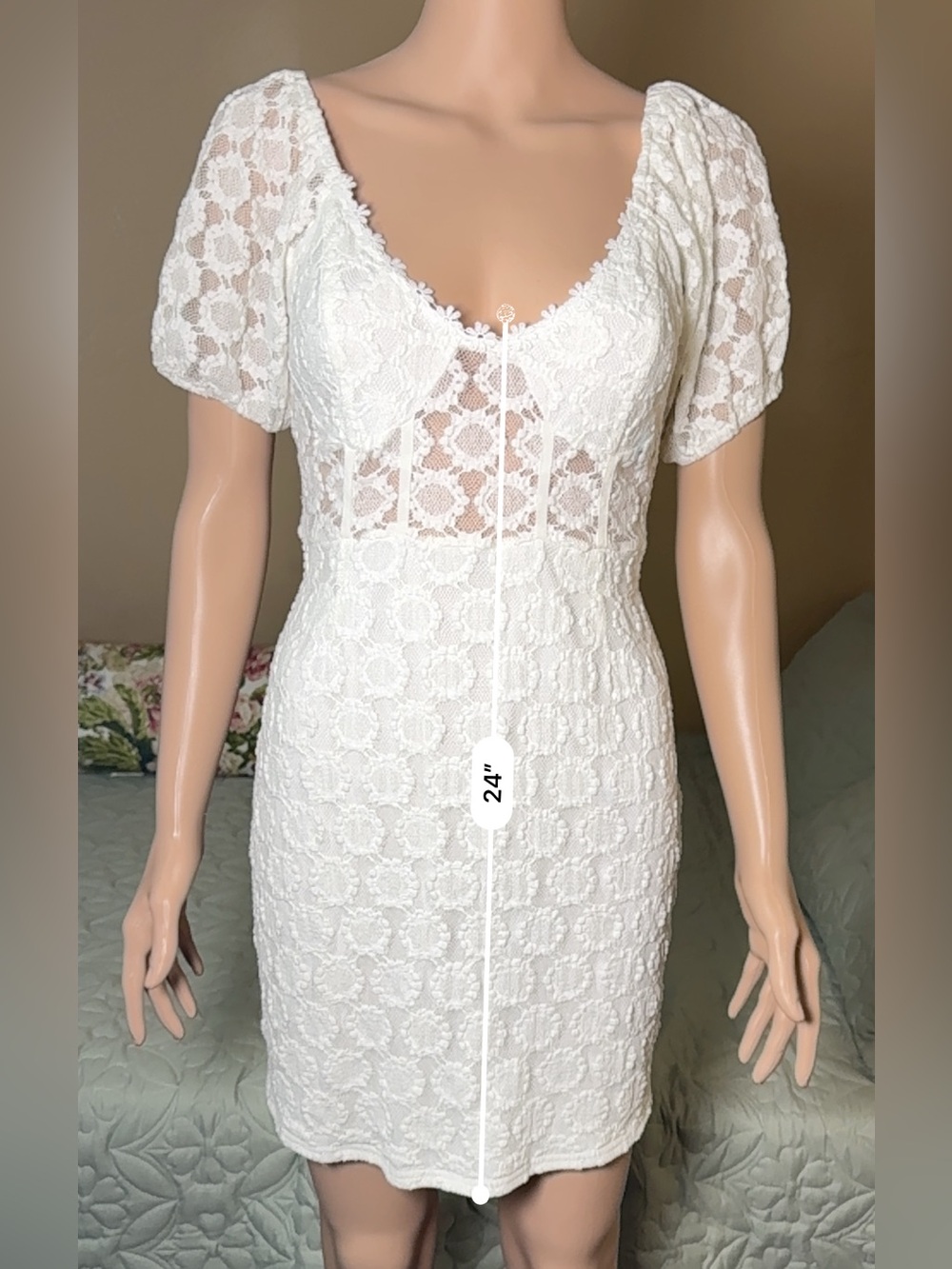 Blush BJ White Floral Lace Sheer V-Neck Puff Short Sleeve Sheath Knee L - Picture 5 of 8
